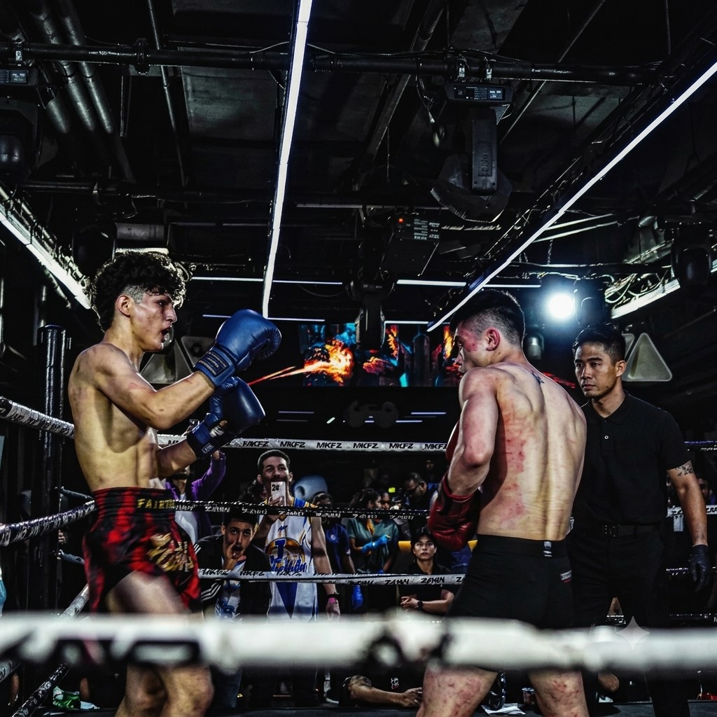 Fight night in the ring, referee looking on